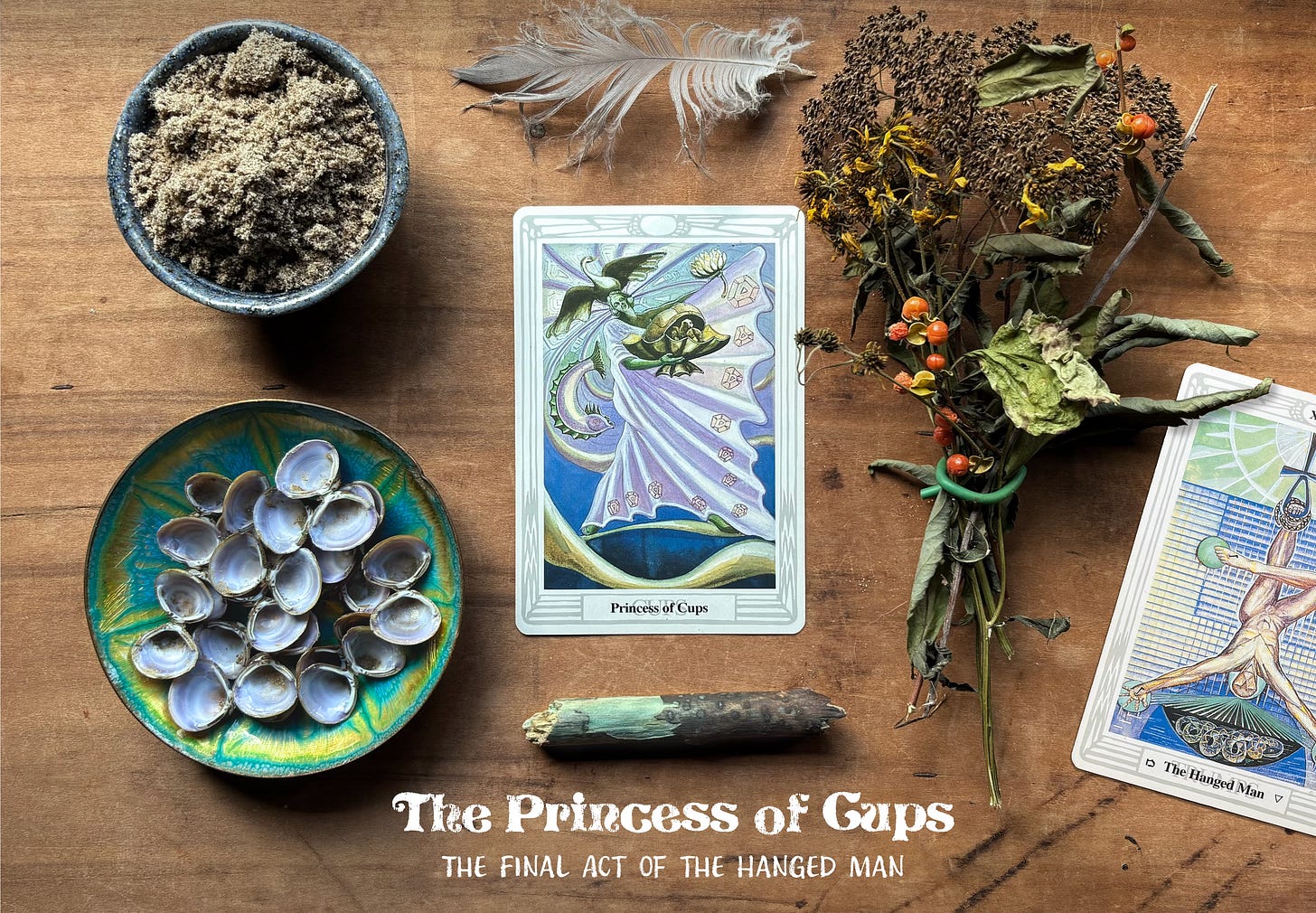Image of the Princess of Cups and the Hanged Man from the Thoth Tarot with objects from the banks of the river.