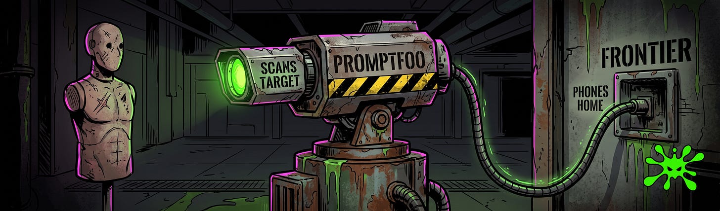 toxsec.com - promptfoo red teaming, LLM security testing, prompt injection, jailbreak, OWASP LLM Top 10, adversarial testing, DAST, crescendo attack, hydra, GOAT, multi-turn escalation, PII leakage, SSRF, excessive agency, OpenAI acquisition, LLM guardrails, AI red team toxsec.com - promptfoo red teaming, LLM security testing, prompt injection, jailbreak, OWASP LLM Top 10, adversarial testing, DAST, crescendo attack, hydra, GOAT, multi-turn escalation, PII leakage, SSRF, excessive agency, OpenAI acquisition, LLM guardrails, AI red team