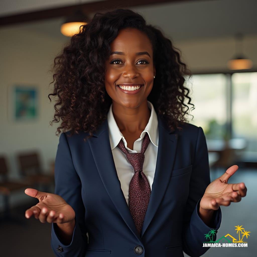 A poised Jamaican Indian woman with a warm, golden-brown complexion and luscious dark hair, styled in loose waves, stands confidently in a sleek, modern planning office. She wears a tailored, navy blue suit with a crisp, white dress shirt and a patterned, burgundy tie, exuding an air of authority and professionalism. Her expressive, dark eyes engage with the viewer as she gestures emphatically with her hands, explaining the intricacies of Jamaican land subdivision laws. T