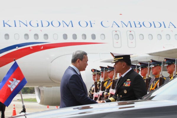 Cambodia's Prime Minister Hun Manet, left, arrives ahead of the 48th ASEAN Summit and Related Meetings in Cebu province, central Philippines on Thursday, May 7, 2026. (AP Photo/Jacqueline Hernandez, Pool) ADDITION: Adds Pool to the caption sign off and instruction. Cambodia's Prime Minister Hun Manet, left, arrives ahead of the 48th ASEAN Summit and Related Meetings in Cebu province, central Philippines on Thursday, May 7, 2026. (AP Photo/Jacqueline Hernandez, Pool) ADDITION: Adds Pool to the caption sign off and instruction.