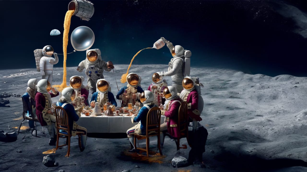 Patriotic astronauts spilling liquid helium and inhaling the leftovers over dinner