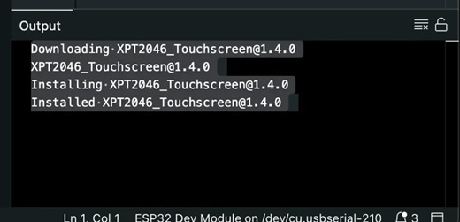 Screenshot of Arduino IDE output window showing installation logs for the XPT2046 touchscreen library on an ESP32 module.