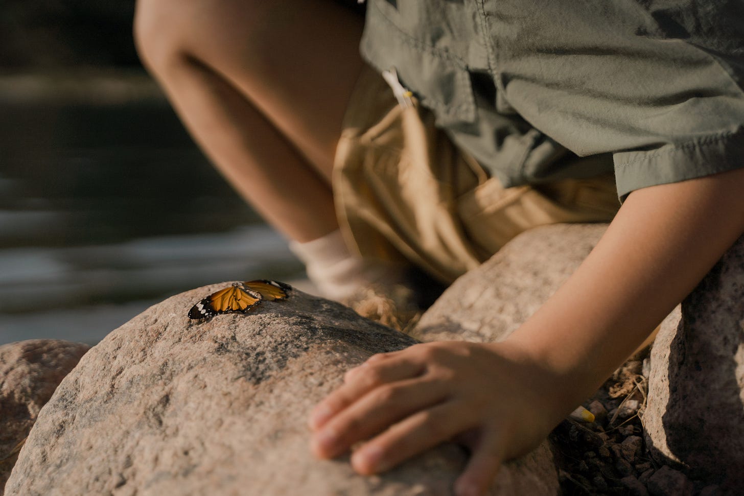 Man sieht im Bildausschnitt die Hände und Füße eines Kindes, das neben einem Schmetterling kniet, der sich auf einem Felsen in der Sonne ausruht. Man sieht im Bildausschnitt die Hände und Füße eines Kindes, das neben einem Schmetterling kniet, der sich auf einem Felsen in der Sonne ausruht.