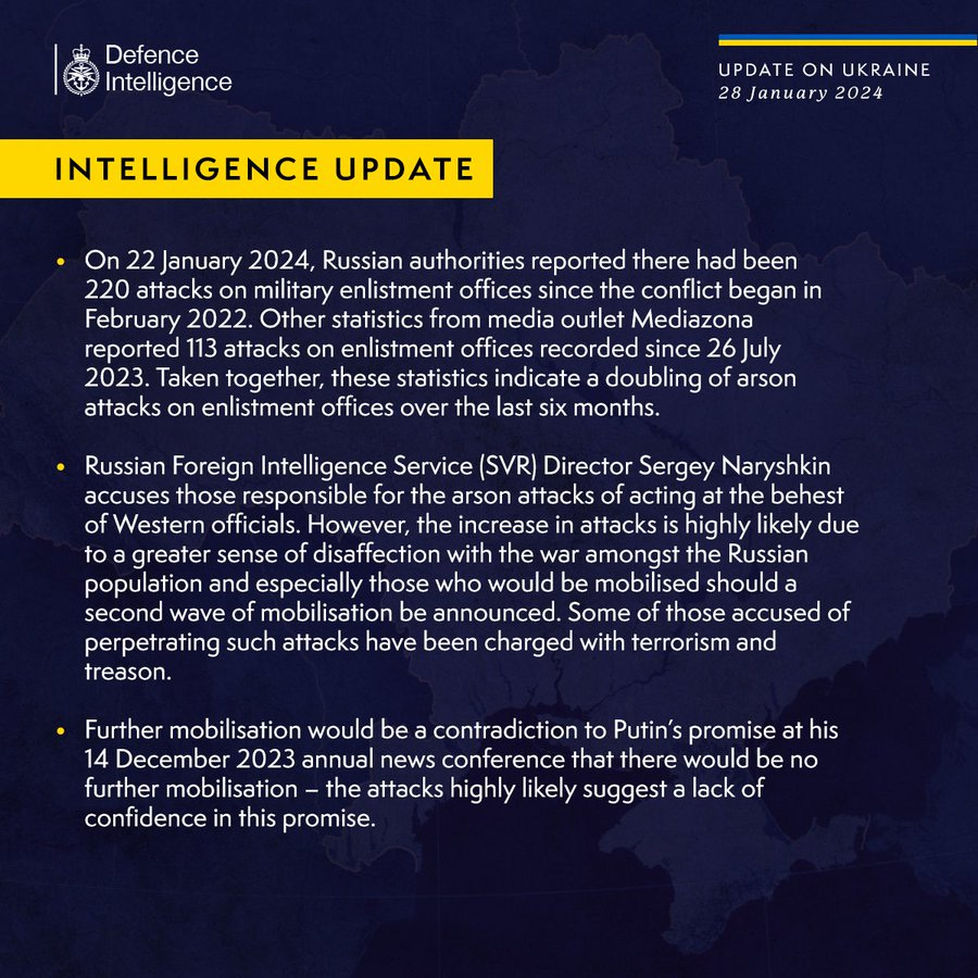 On 22 Jan 2024, Russian authorities reported there had been 220 attacks on military enlistment offices since the conflict began in Feb 2022. Other statistics from media outlet Mediazona reported 113 attacks on enlistment offices recorded since 26 July 2023. Taken together, these statistics indicate a doubling of arson attacks on enlistment offices over the last six months.
Russian Foreign Intelligence Service (SVR) Director Sergey Naryshkin accuses those responsible for the arson attacks of acting at the behest of Western officials. However, the increase in attacks is highly likely due to a greater sense of disaffection with the war amongst the Russian population and especially those who would be mobilised should a second wave of mobilisation be announced. Some of those accused of perpetrating such attacks have been charged with terrorism and treason.
Further mobilisation would be a contradiction to Putin’s promise at his 14 Dec 2023 news conference that there would be no further....