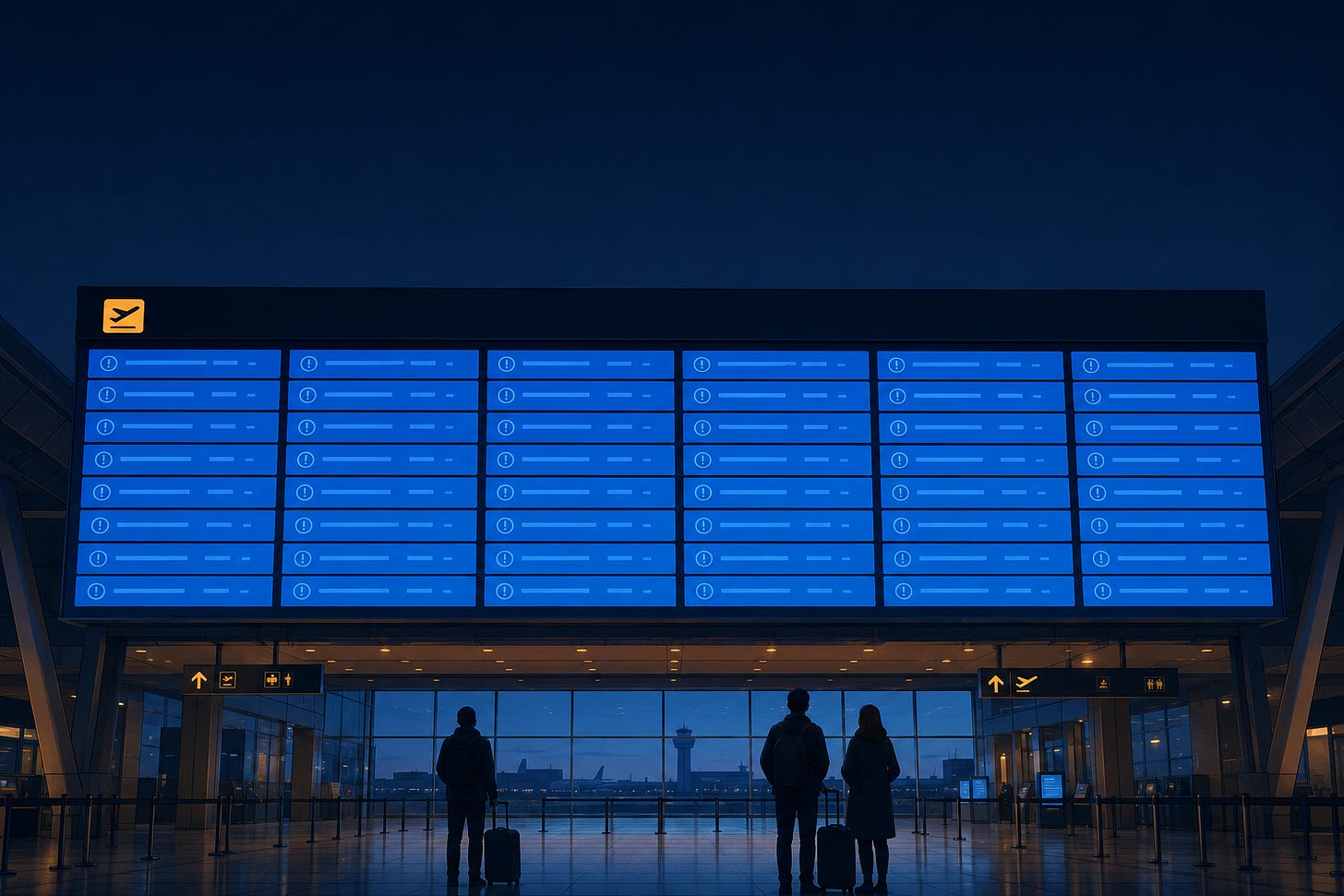 Airport departure board where every flight row is replaced by an identical blue error panel