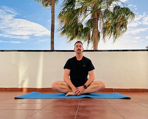Three yoga photos taken on a balcony in Tenerife during an evening stretching session.