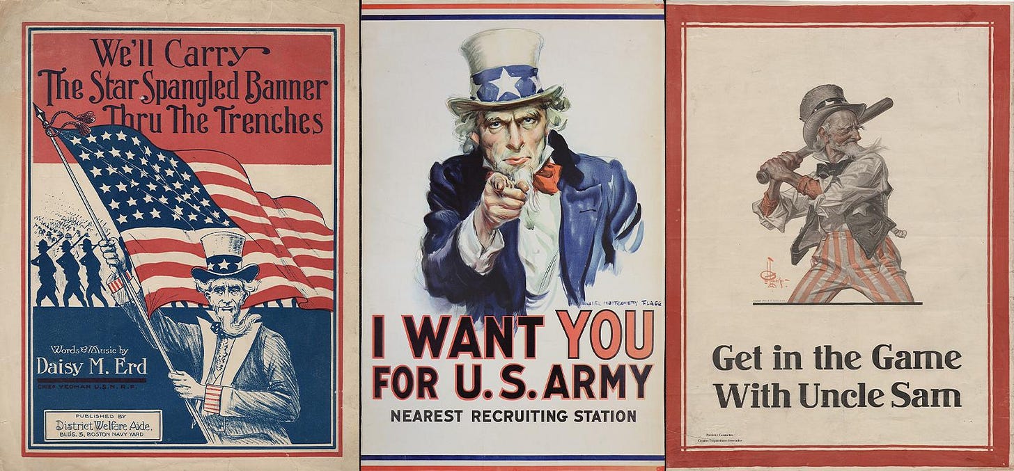 Collage of Uncle Sam posters: carrying the U.S. flag, pointing at the viewer, and playing baseball