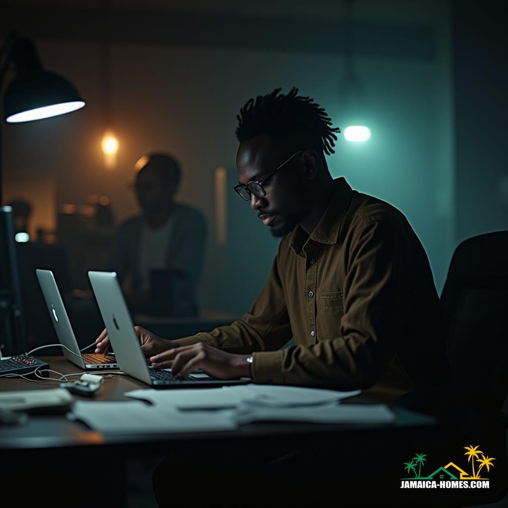 Jamaican data analyst, focused on computer screens, in a dimly lit room, cinematic film still