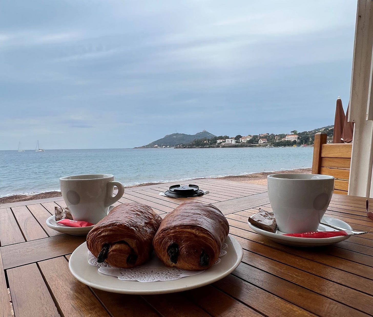 Relaxing over coffee somewhere off the coast of France. April 2022.