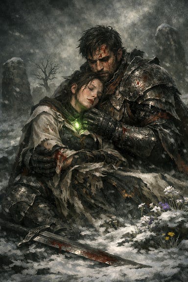 Fleetwood battered and brooding knight holding wounded Clarion in his arms in snowy Barovian stone circle, faint green Fane light, tender but grim