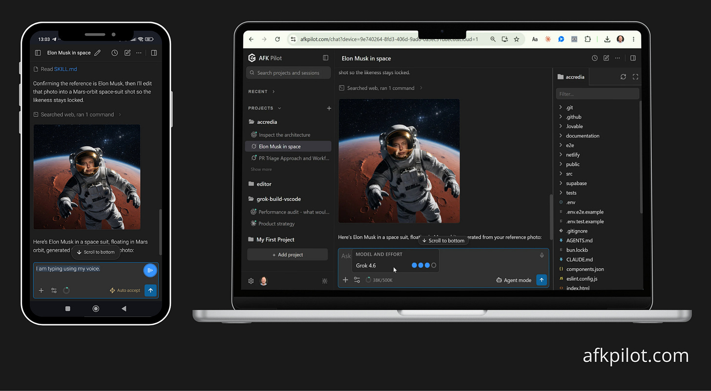AFK Pilot on a phone and in a laptop browser, both showing the same Grok Build session running Grok 4.6 AFK Pilot on a phone and in a laptop browser, both showing the same Grok Build session running Grok 4.6