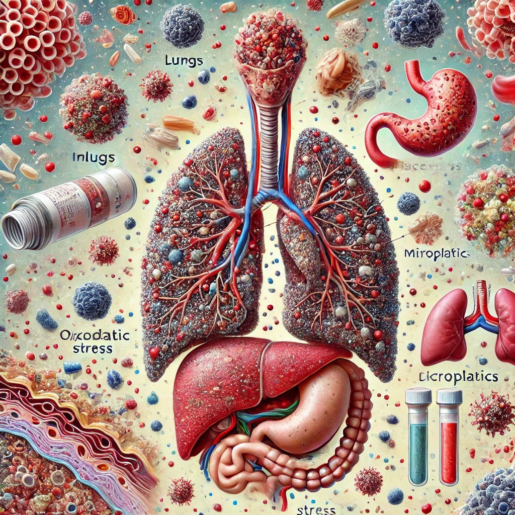 A detailed illustration depicting human tissues such as lungs, blood, and placenta with tiny microplastic particles dispersed throughout. The image shows inflammatory responses in the tissues, with visible cellular reactions and microplastics causing oxidative stress. In the background, various sources of microplastic pollution like plastic bottles, food packaging, and air particles are subtly integrated. The overall tone is scientific and educational, highlighting the interaction between microplastics and human health.
