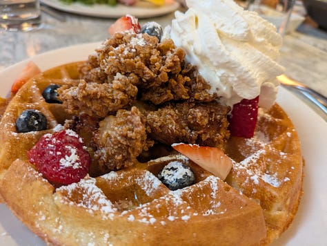 Pork belly tostada and ‘golden hour’ cocktails. Lovely morning light and possibly the best chickien and waffles in the city.