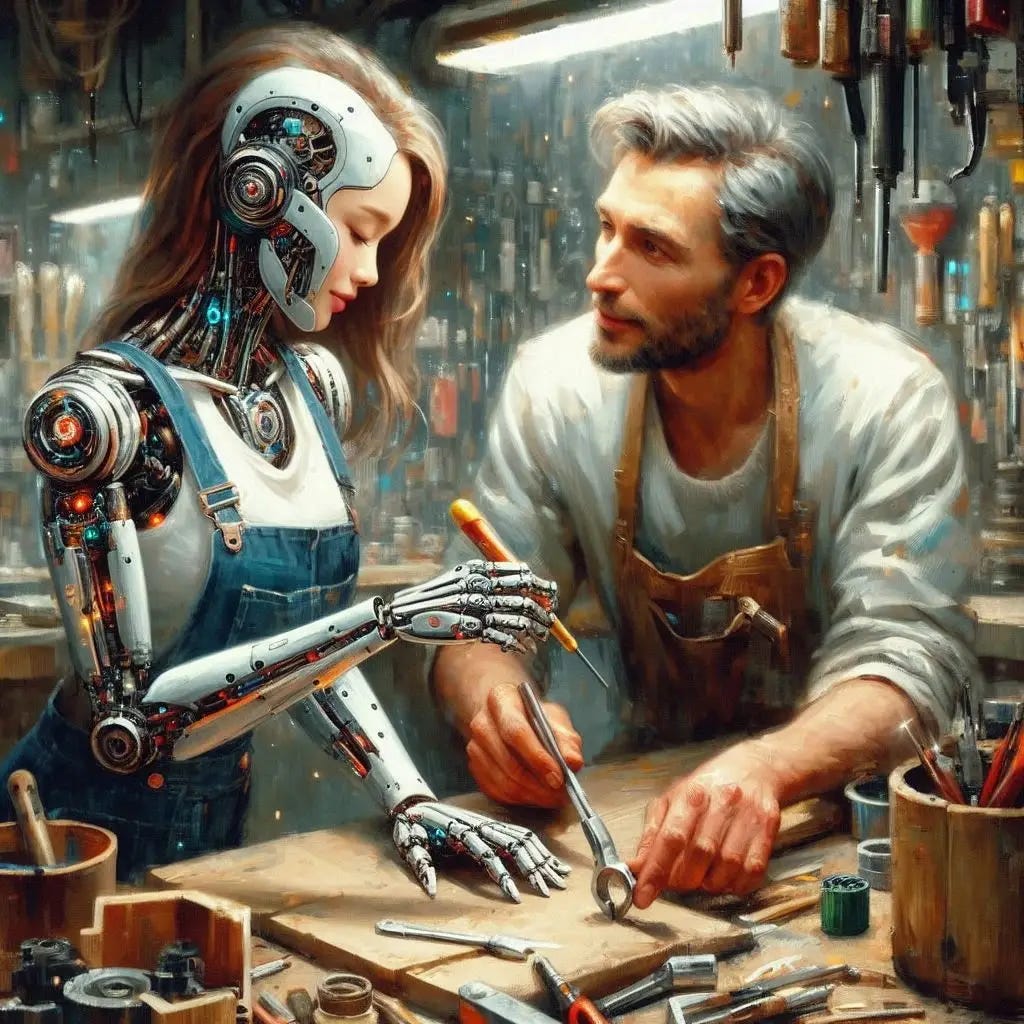 A skilled artisan is at work in his workshop. A pretty female cyborg hands him a tool. Slight impressionist style. A skilled artisan is at work in his workshop. A pretty female cyborg hands him a tool. Slight impressionist style.