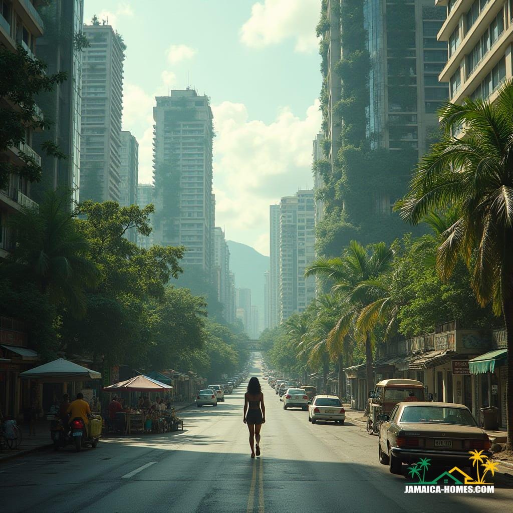 Downtown Kingston's sleek skyscrapers, wrapped in lush greenery and cascading waterfalls, surrounded by Jamaican vendors in sky-level public plazas, reggae murals on lower levels, amidst modern elevated roads, with tropical mountain backdrop, in a cinematic film still, inspired by the styles of Syd Mead, Ash Thorp, and Simon Stalenhag, with film grain, vignette, and color grading, evoking a sense of epic, atmospheric, and dramatic, 35mm film quality.