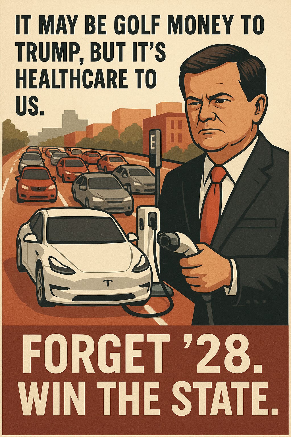 Satirical illustration of a suited politician blocking traffic with a plugged-in Tesla; text reads “It may be golf money to Trump, but it’s healthcare to us.”