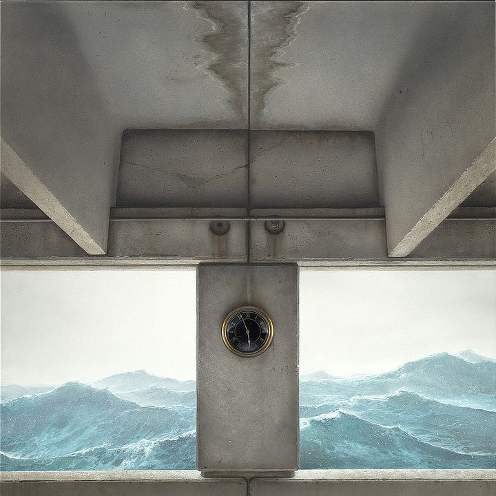 LEFT: Detail from SILVER TIDE featuring a water stain on the concrete ceiling. The pattern is river shaped running down seam between panels, thinning in width as it reaches the far wall. The edges are a white residue left when water evaporated, leaving minerals behind, suggesting this is not the first cycle of weathering that has taken place. On the concrete support with rough seas showing on either side, a round clock is mounted with hands articulating to 5:56. The face is black with gold trim, numbers and hands. The glass covering is glossy in reflection of light. RIGHT: Detail from SILVER TIDE featuring the weathered concrete of the foreground. On the lower left is a rusted grate. On the right a yellow line is bordered by a blue striped area, like a parking space marking with a handicap loading zone marked off next to it. There was a notice posted on the wall, but the paper has mostly torn away leaving only a 6-6 in the corner. A seam runs up from the floor up the wall where concrete panels meet. Below the support pillar, a bolt weeping rust is recessed in the upper corner of each panel.