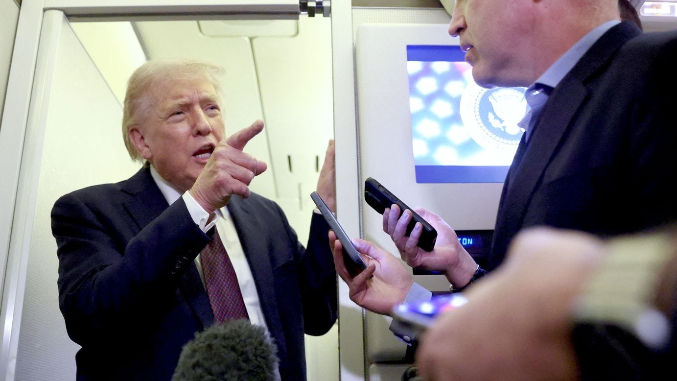 President Donald Trump speaks to reporters aboard Air Force One on a flight back to Washington, DC, on Sunday night. President Donald Trump speaks to reporters aboard Air Force One on a flight back to Washington, DC, on Sunday night.