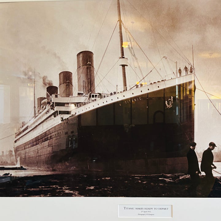 Photo of the Olympic (of the left) and Titanic (on the right) as displayed at the Titanic Hotel