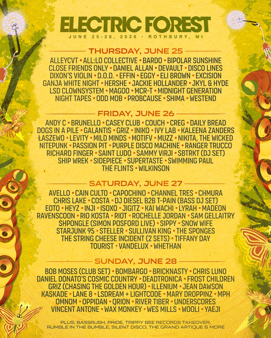 Electric Forest 2026 Daily Lineup Poster Electric Forest 2026 Daily Lineup Poster
