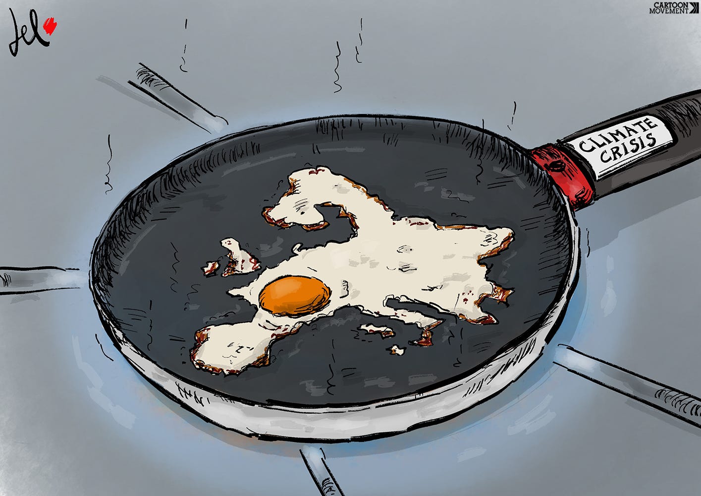 Cartoon showing a frying pan with a fried egg in the shape of Europe. The pan handle is labeled 'climate crisis'.