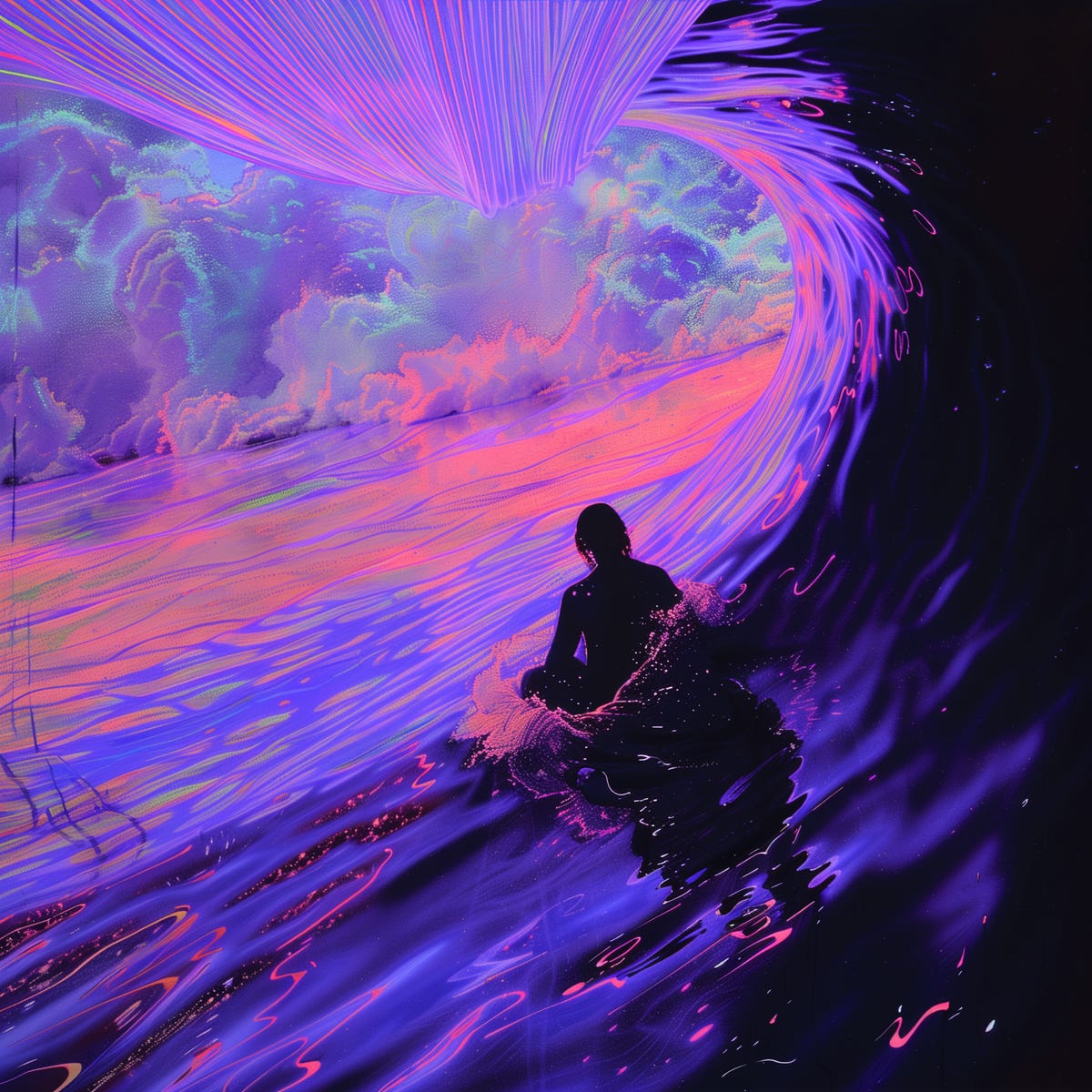 illustration of a surfer sitting peacefully amidst a sky-high neon wave