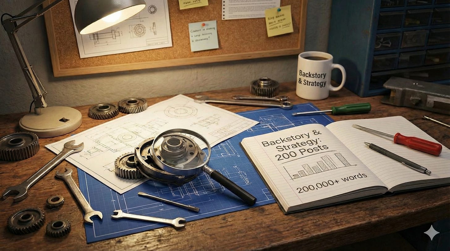 A cluttered wooden workbench under a warm desk lamp. Technical blueprints and gears are spread across the center next to an open notebook that reads "Backstory & Strategy: 200 Posts" and "200,000+ words." A white coffee mug with the newsletter’s name sits in the background, surrounded by various tools like wrenches and screwdrivers.