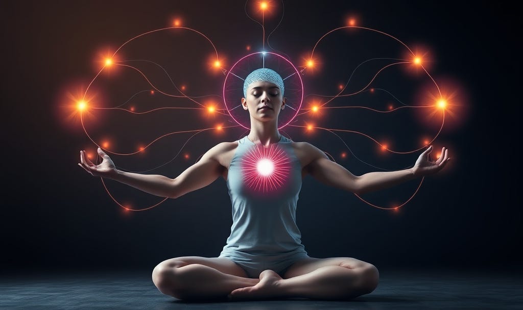 Woman in meditation with glowing heart + intricate neural/energy lines (blue/orange tones, dark background, arms extended or in lotus pose).