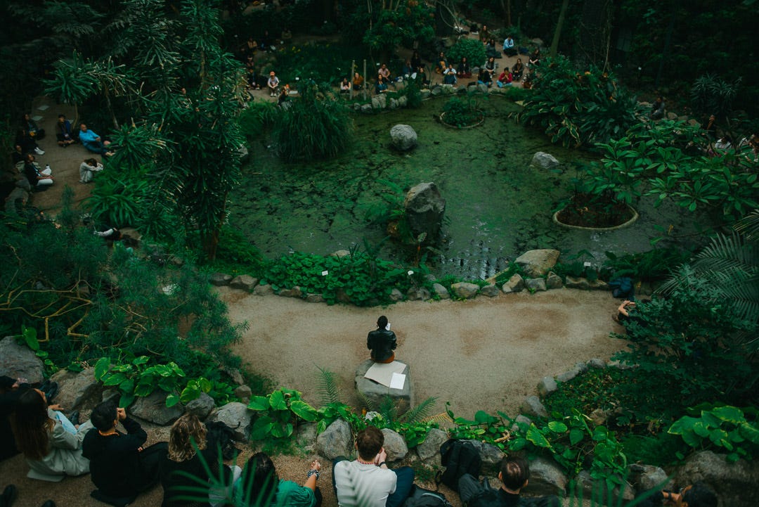 A top down photograph taken in Estufa Fria, a botanical garden in Lisbon, where Monika Jiang opened the final day with an immersive meditation and reading. A top down photograph taken in Estufa Fria, a botanical garden in Lisbon, where Monika Jiang opened the final day with an immersive meditation and reading.
