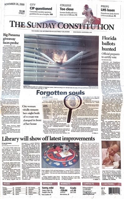 Third and last installment of the Forgotten Souls series published on Nov. 26-27,2000 with the last unsolved homicide case and a story about creation of a cold case unit at the Lawton Police Department, something that took place as we rolled out the series. Click on each picture to see the full page. (Mc Nelly Torres | Don’t Forget My Voice)