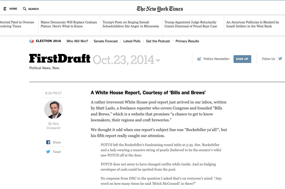 Screengrab of original New York Times article on Matt Laslo's White House pool report