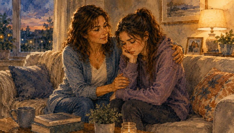 Mother comforts her upset teen daughter on a sofa, offering compassion and support during a difficult moment. Mother comforts her upset teen daughter on a sofa, offering compassion and support during a difficult moment.