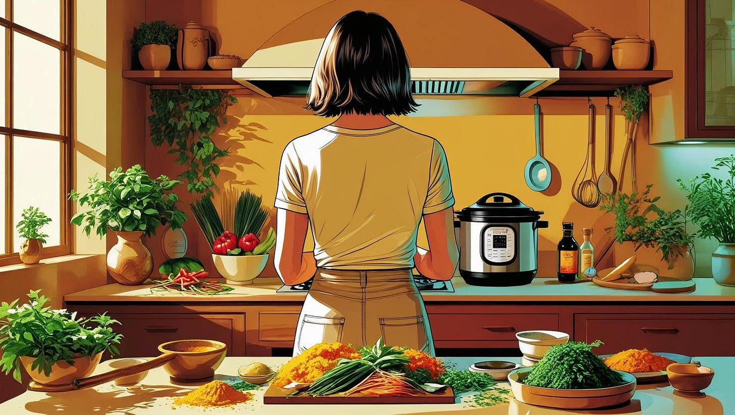 A Vietnamese-American woman seen from behind, standing in a sunlit, modern kitchen. She’s preparing a vibrant, healthy Vietnamese-inspired meal using fresh herbs, vegetables, and cooking tools like an Instant Pot and mortar and pestle. She wears casual clothes and stands confidently at the counter. The space blends traditional items like a woven rice basket with modern tech, including a tablet showing a coaching platform. The atmosphere is warm, calm, and focused. A Vietnamese-American woman seen from behind, standing in a sunlit, modern kitchen. She’s preparing a vibrant, healthy Vietnamese-inspired meal using fresh herbs, vegetables, and cooking tools like an Instant Pot and mortar and pestle. She wears casual clothes and stands confidently at the counter. The space blends traditional items like a woven rice basket with modern tech, including a tablet showing a coaching platform. The atmosphere is warm, calm, and focused.