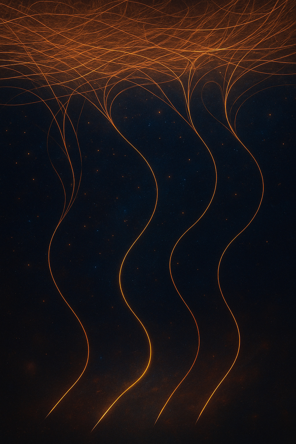 A cosmic tapestry where countless luminous threads emerge from a dense glowing core, then flow outward into open space, each diverging in its own direction — representing how every being’s path is unique, shaped by its own collisions and coordinates.