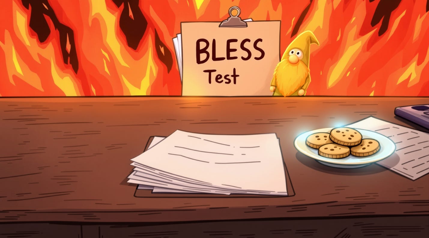 A therapy office in hell with flames in the background. On the desk sits a clipboard with papers labeled 'BLESS Test'. There is a plate of cookies and a small garden gnome next to the clipboard.