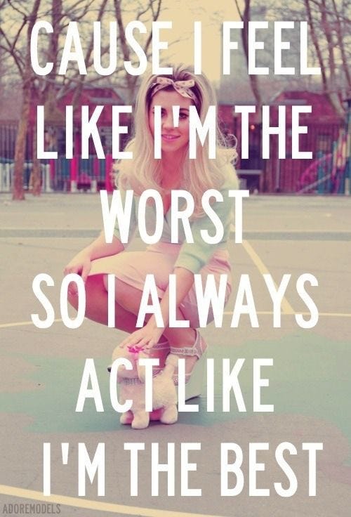 This may contain: a woman sitting on top of a tennis court with the words cause i feel like i'm the worst so i always act like i'm the best