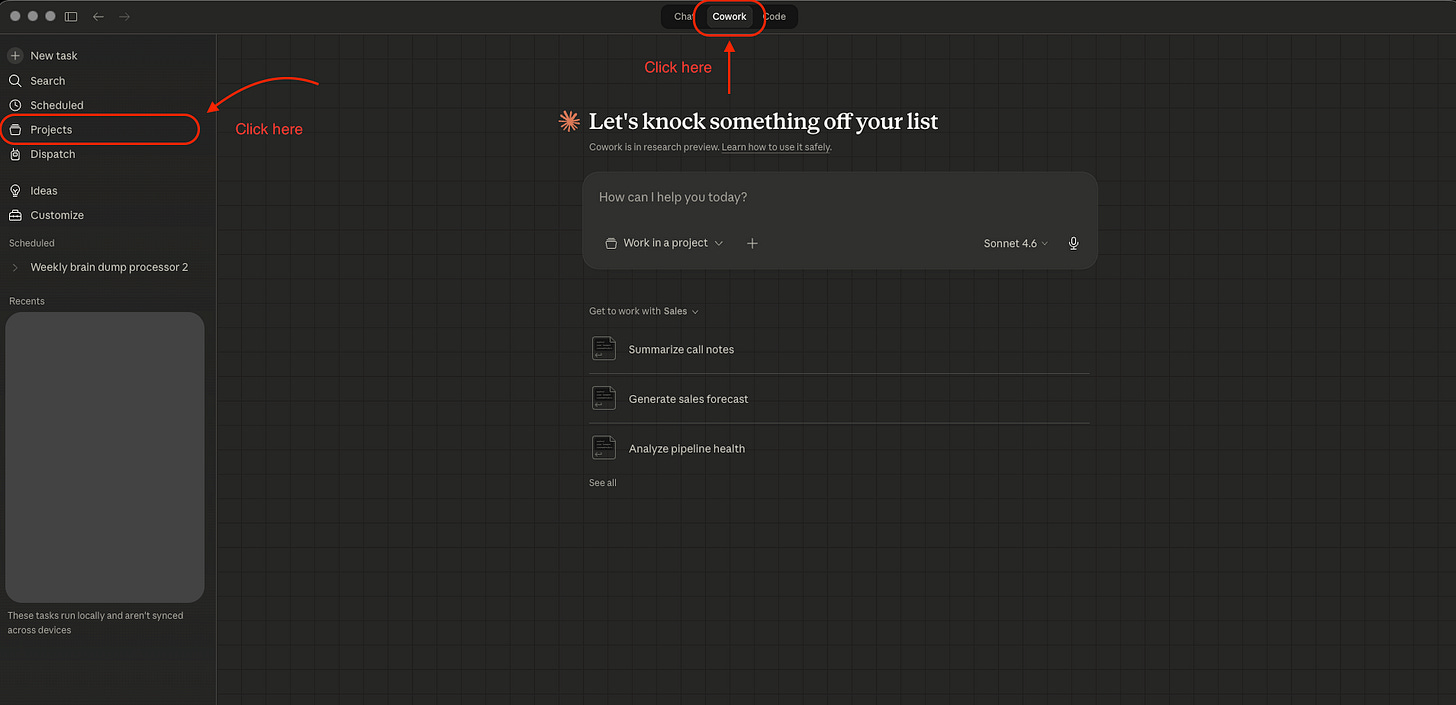 Cowork home screen with Projects tab selected