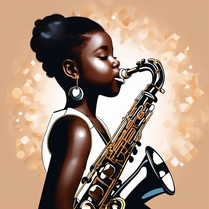Pre-teen black girl playing the saxophone
