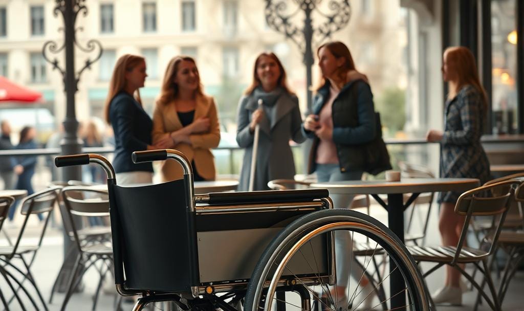 An empty wheelchair at a café table. In the background stands a group of happy young women, chatting. One has a walking stick.