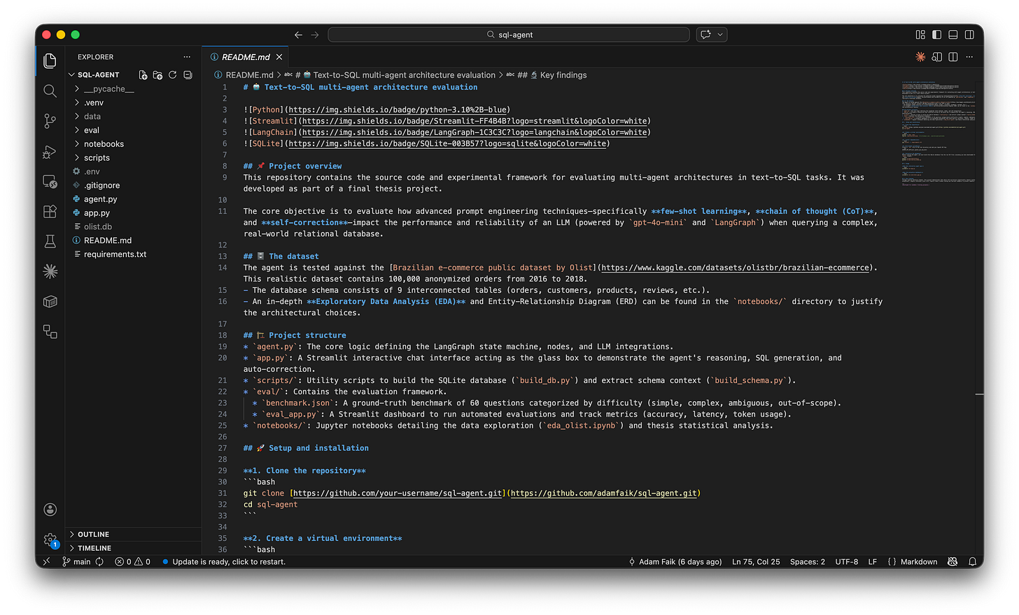 A VS Code interface showing the project directory on the left and a detailed README markdown file on the right. A VS Code interface showing the project directory on the left and a detailed README markdown file on the right.