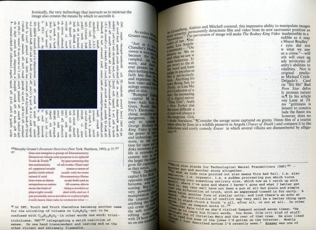 An open book showing pages with nonstandard formatting and no clear way to read- it features dense text, a black square on the left page,  gaps in text, sideways text alignment, multiple fonts, sidebars, and margin notes in red and black ink.