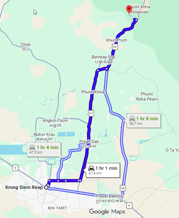A side-by-side image. The left side shows a digital Google Maps screenshot highlighting a driving route from Siem Reap heading north toward Banteay Srei. The right side is a photograph of a traditional Cambodian celebration tent erected on a dirt road. The tent entrance is elaborately decorated with bright yellow and white draped fabrics and floral arrangements, set against a backdrop of lush green palm trees.