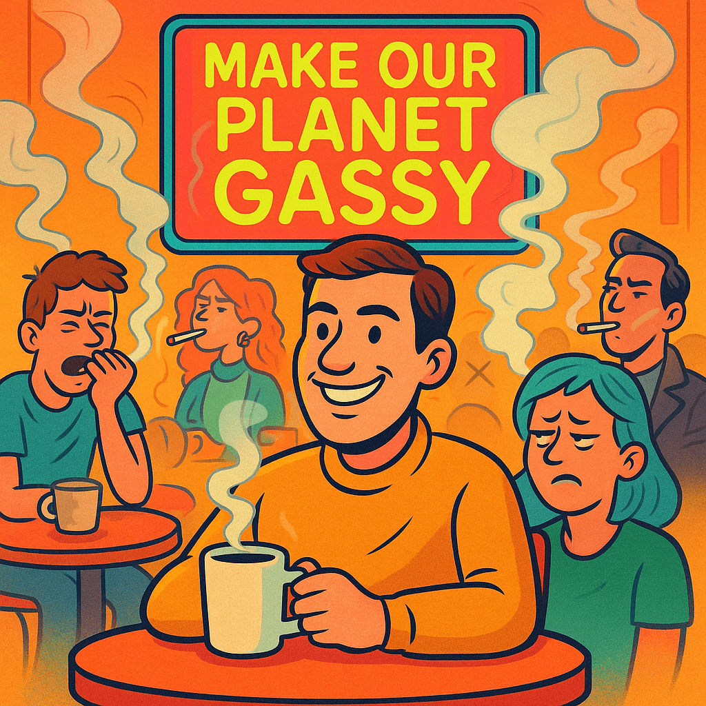  Illustration of a man in a café surrounded by cigarette smoke, proudly holding a coffee cup while people cough around him; a glowing “Make Our Planet Gassy” poster hangs behind.