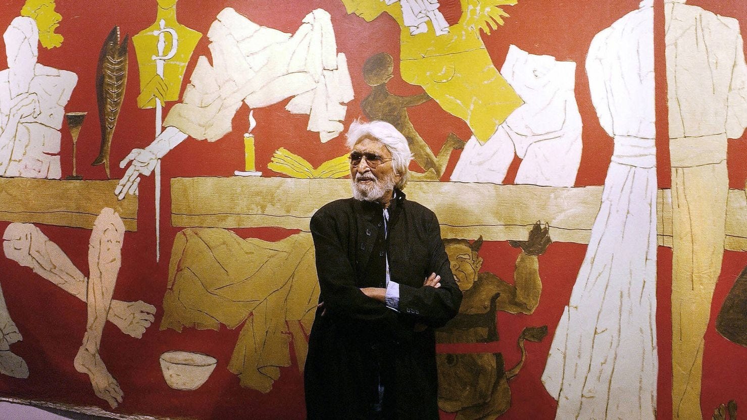 M.F. Husain, who died in 2011, pictured at the National Art Gallery in Mumbai in 2004, two years before he left India and went into self-imposed exile. M.F. Husain, who died in 2011, pictured at the National Art Gallery in Mumbai in 2004, two years before he left India and went into self-imposed exile.