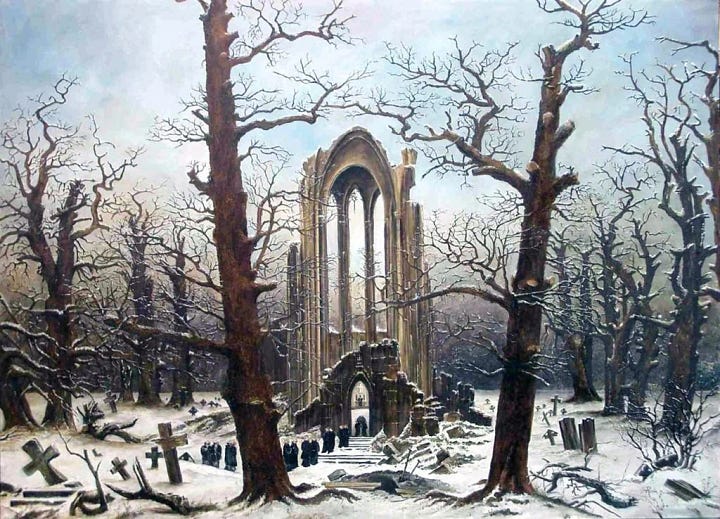 Two paintings: Tall ruins of a monastery and a house near an overgrown cathedral.