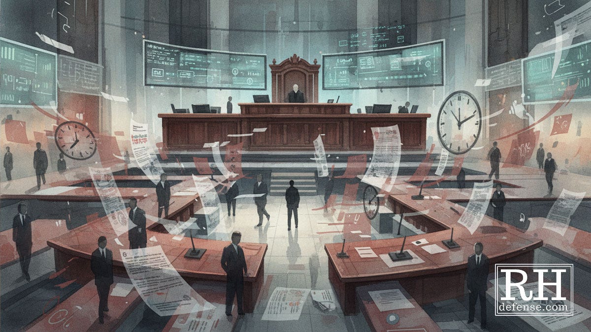 A courtroom depicted as a hybrid trading floor, with a judge seated at the bench, digital market-style displays behind the court, floating documents, clocks, and silhouetted figures arranged around counsel tables.
