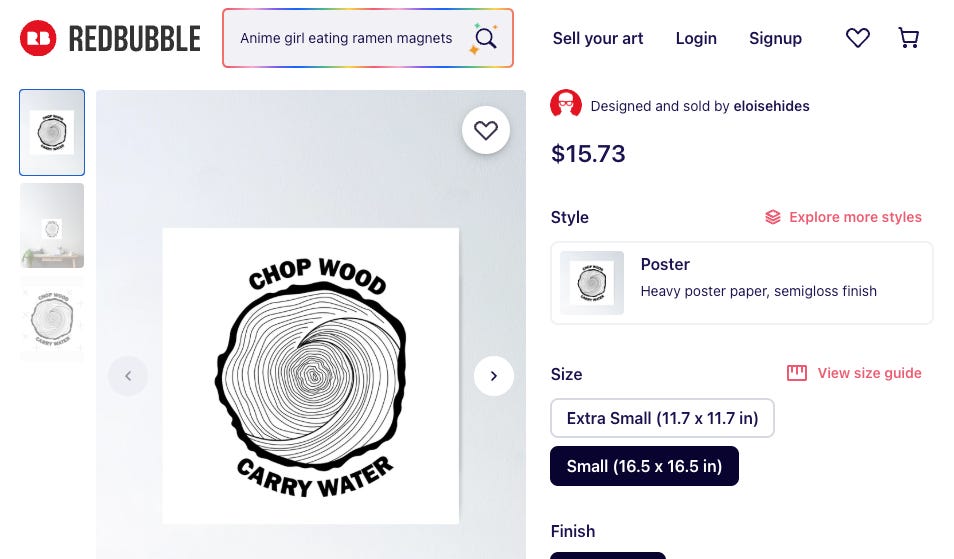 poster of chop wood carry water with a tree stump slash wave image being sold on a website