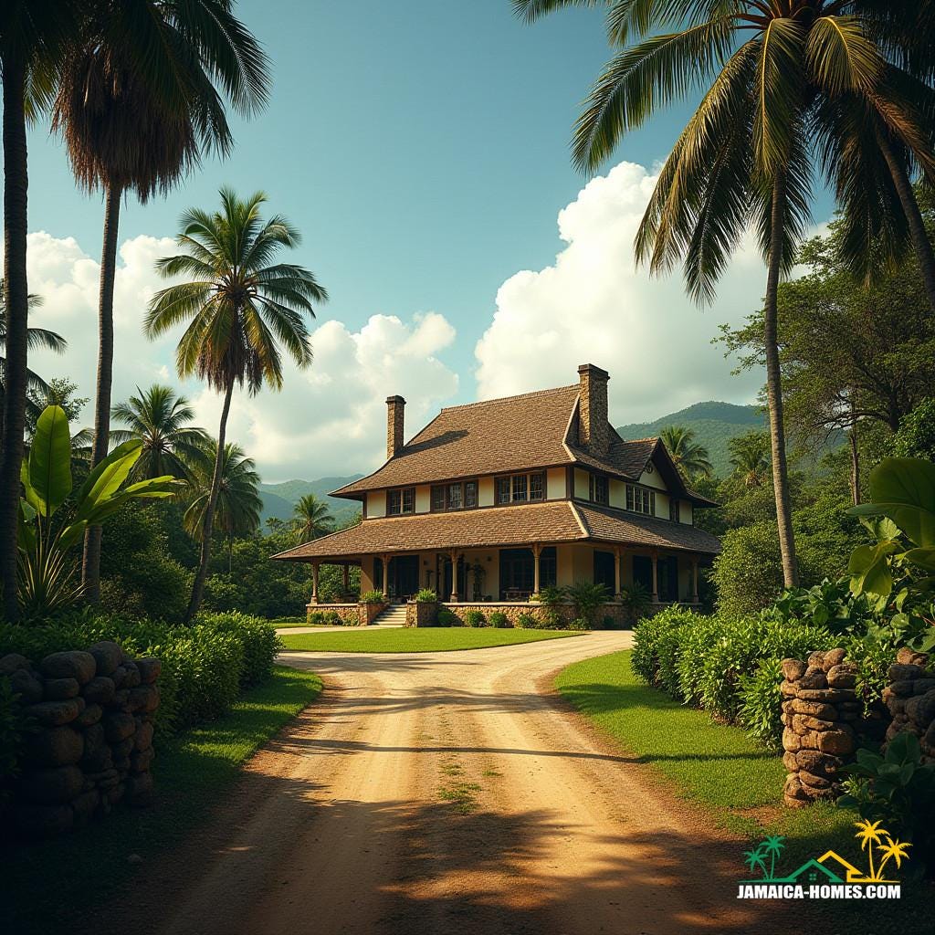 A majestic traditional Jamaican farmhouse, surrounded by lush greenery, situated on 2 acres of rolling hills and tropical landscape, bathed in warm, golden cinematic lighting, with a sense of depth and atmosphere. 