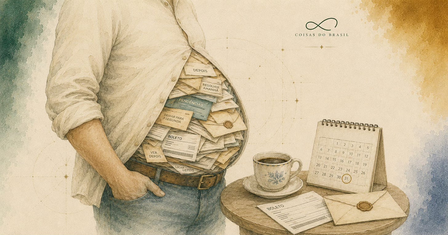 Ilustração editorial da COISAS DO BRASIL sobre a expressão brasileira “empurrar com a barriga”, com papéis, boleto, calendário e objetos do cotidiano.