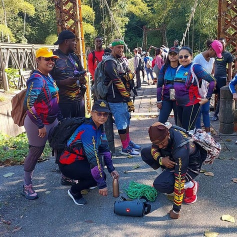 Leevan under a natural waterfall; with the Trinidad and Tobago flag; with his hiking group at the start of a hike and at the summit of a mountain; Leevan on a hospital bed, hospitalised with aplastic anaemia.